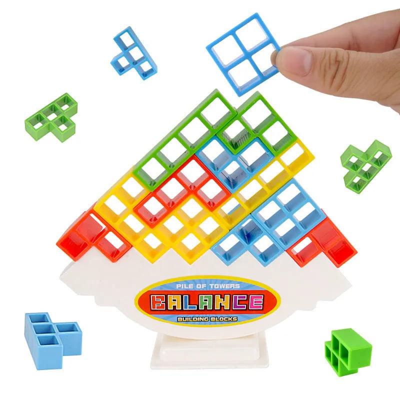 Plastic balance stacking game with 16 colourful building blocks on chassis for children aged 3+