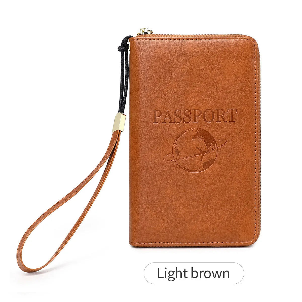 Brown PU travel document wallet with zip, open to show credit card slots and passport space.
