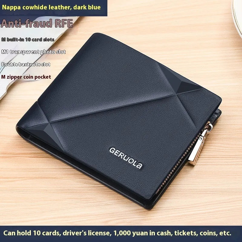 Men's brown leather zip wallet with rhombus pattern and anti-theft card protection