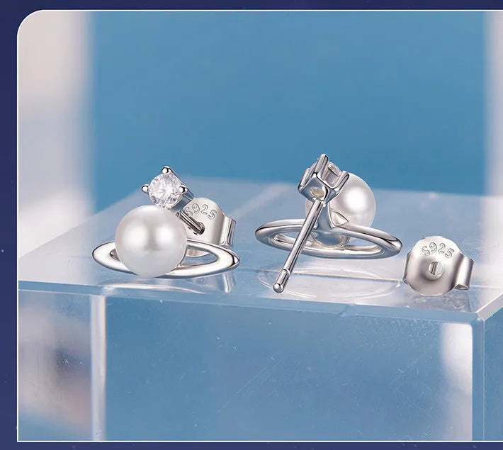 Chuangxing 925 silver star-shaped planet ear studs with ball shell pearl, colour BSE1207, one pair