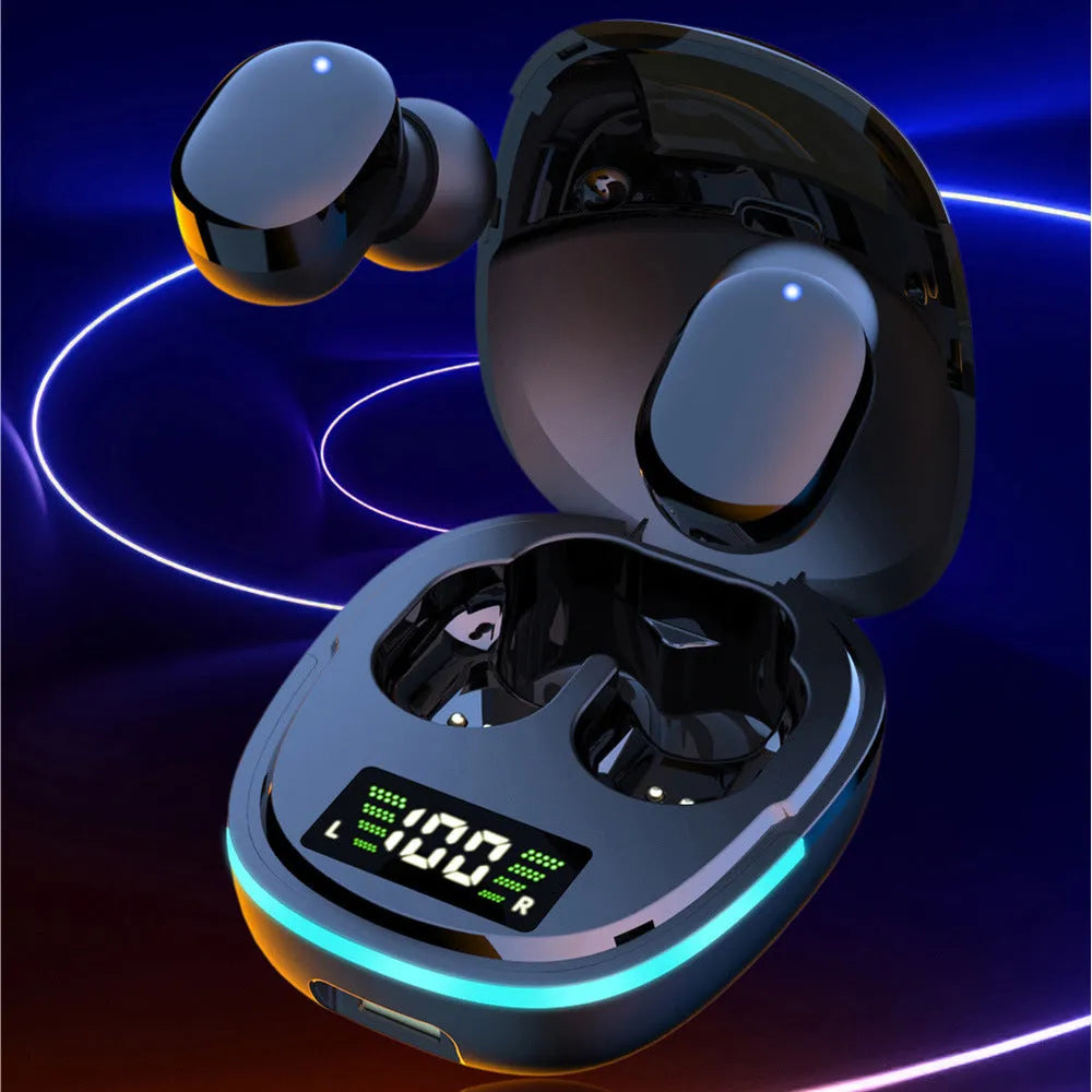 Black true wireless Bluetooth in-ear headphones and charging case with digital display.