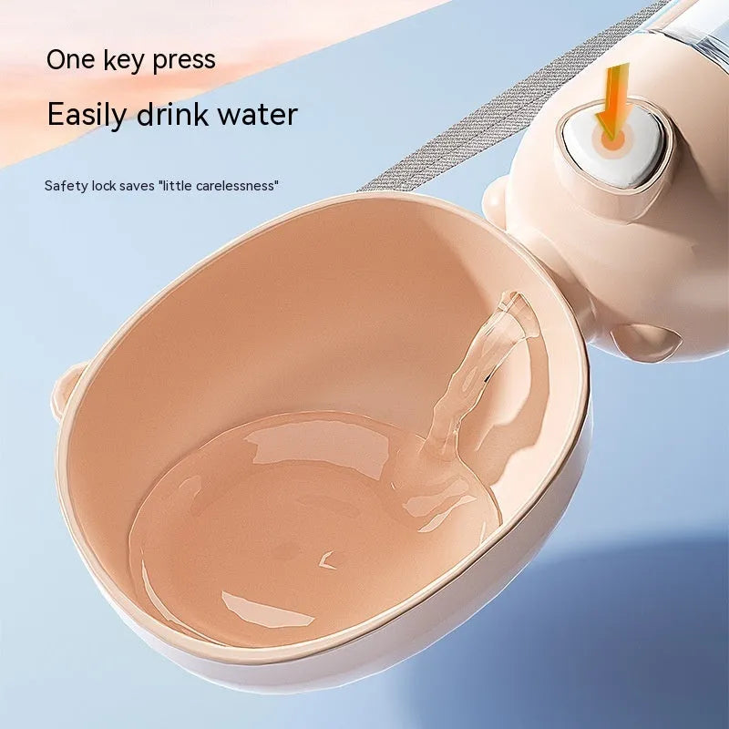 Portable dog water bottle and feeder bowl in brown, pink, or yellow for outdoor travel.