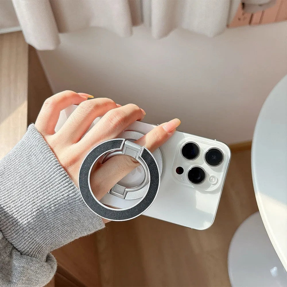 Double-sided metal magnetic ring bracket in black and silver alloy for universal phone mounting