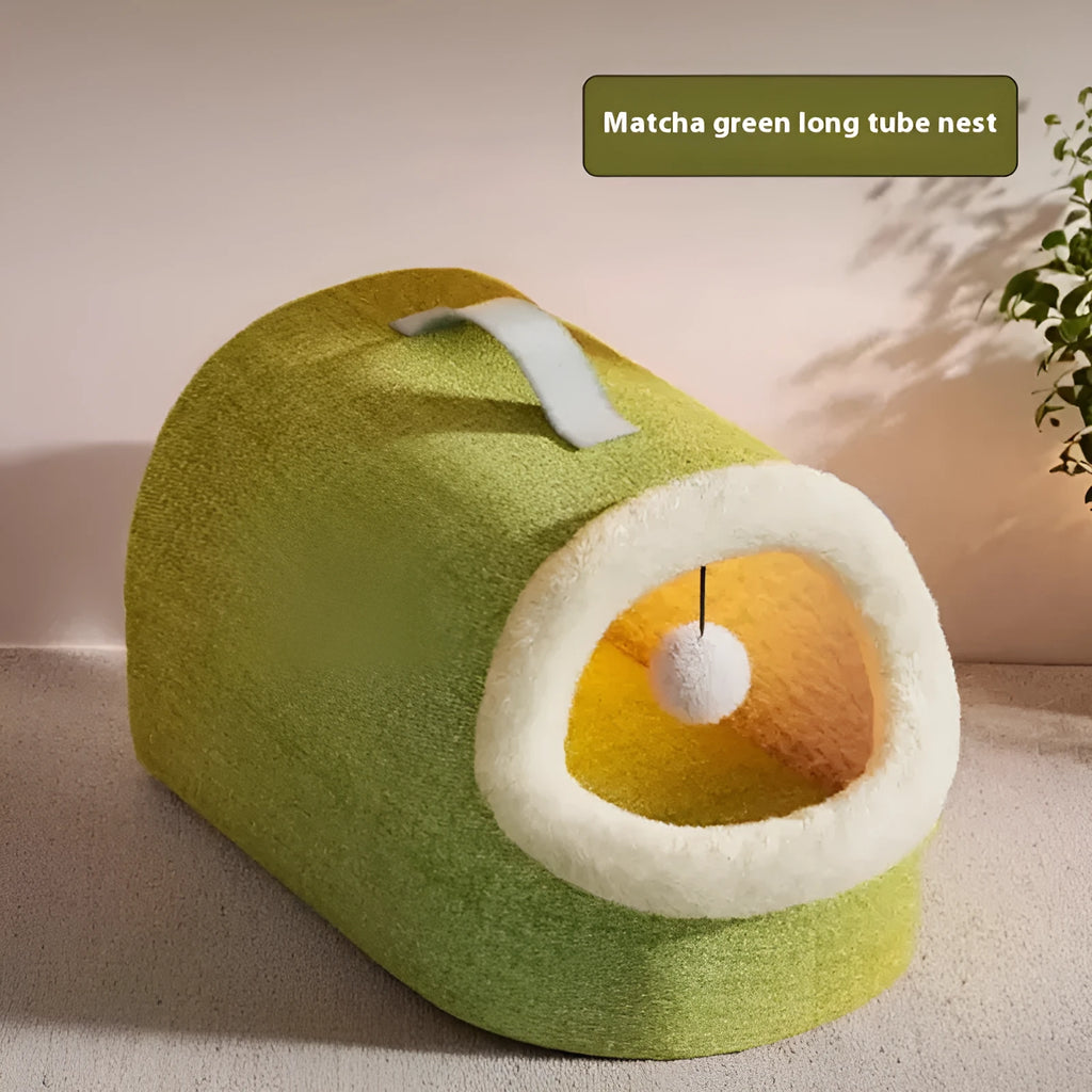 Winter warm closed cat nest in Matcha Green, plush fabric, 42x28x28cm size