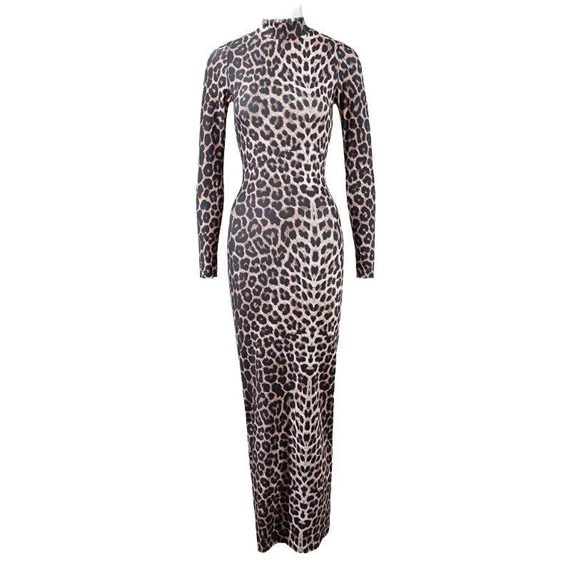Leopard print women's long dress with stand collar, long sleeves, and high-waist hip skirt design