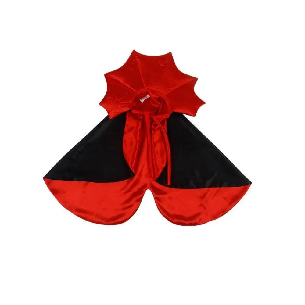 Small dog wearing a black kawaii vampire cloak Halloween costume.
