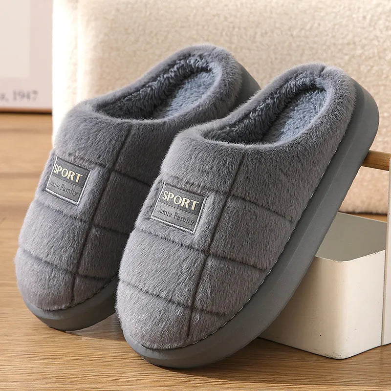 Men's grey and brown plaid rabbit hair slippers with thick EVA sole
