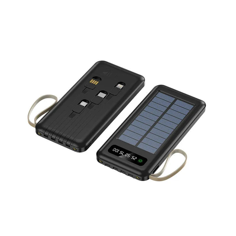 Solar Super Capacity Power Bank in black or white, showing front with solar panel and USB port, dimensions 144mm x 68mm.