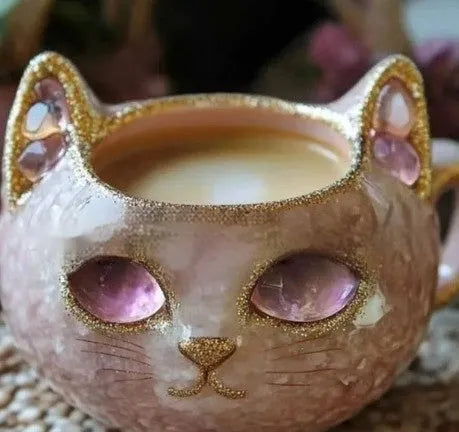 Handmade purple geode mug and crystal cat cup resin craft ornament on a table.