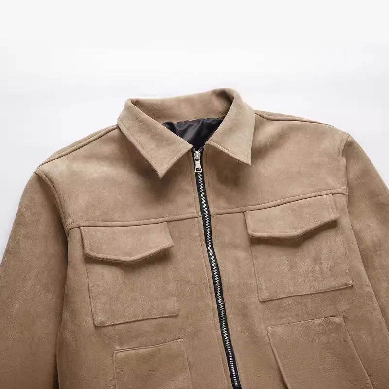 Men's slim fit black jacket with zipper and big pockets, also available in camel and dark grey.