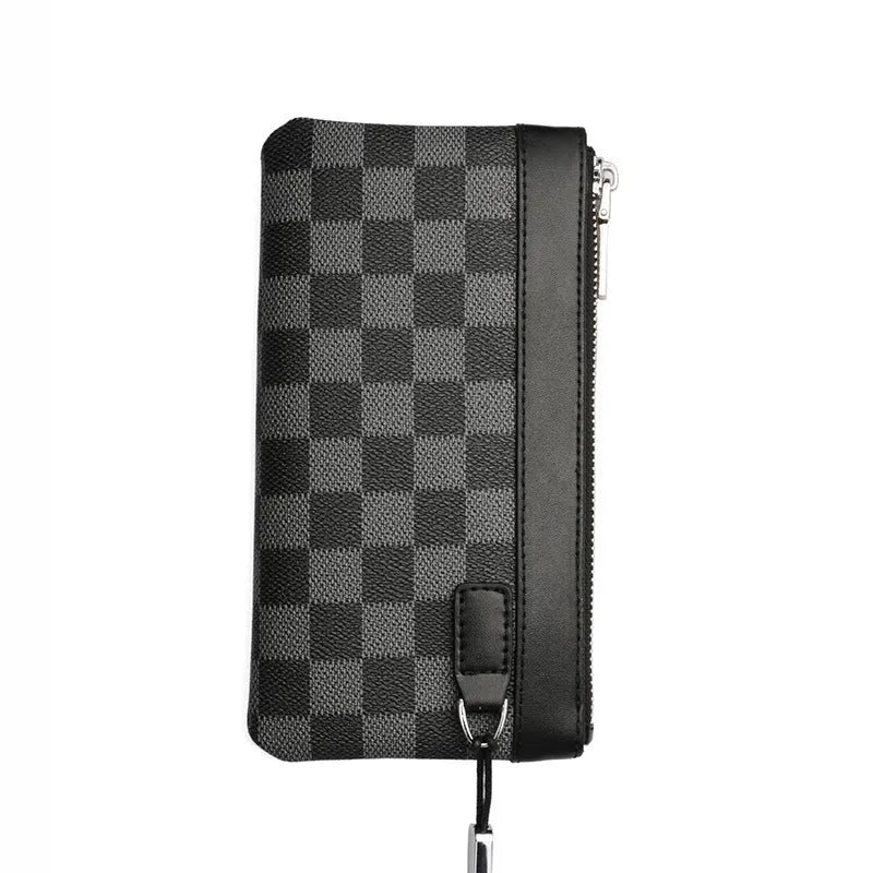 Black men's leather clutch wallet showing front view and open interior with polyester lining.