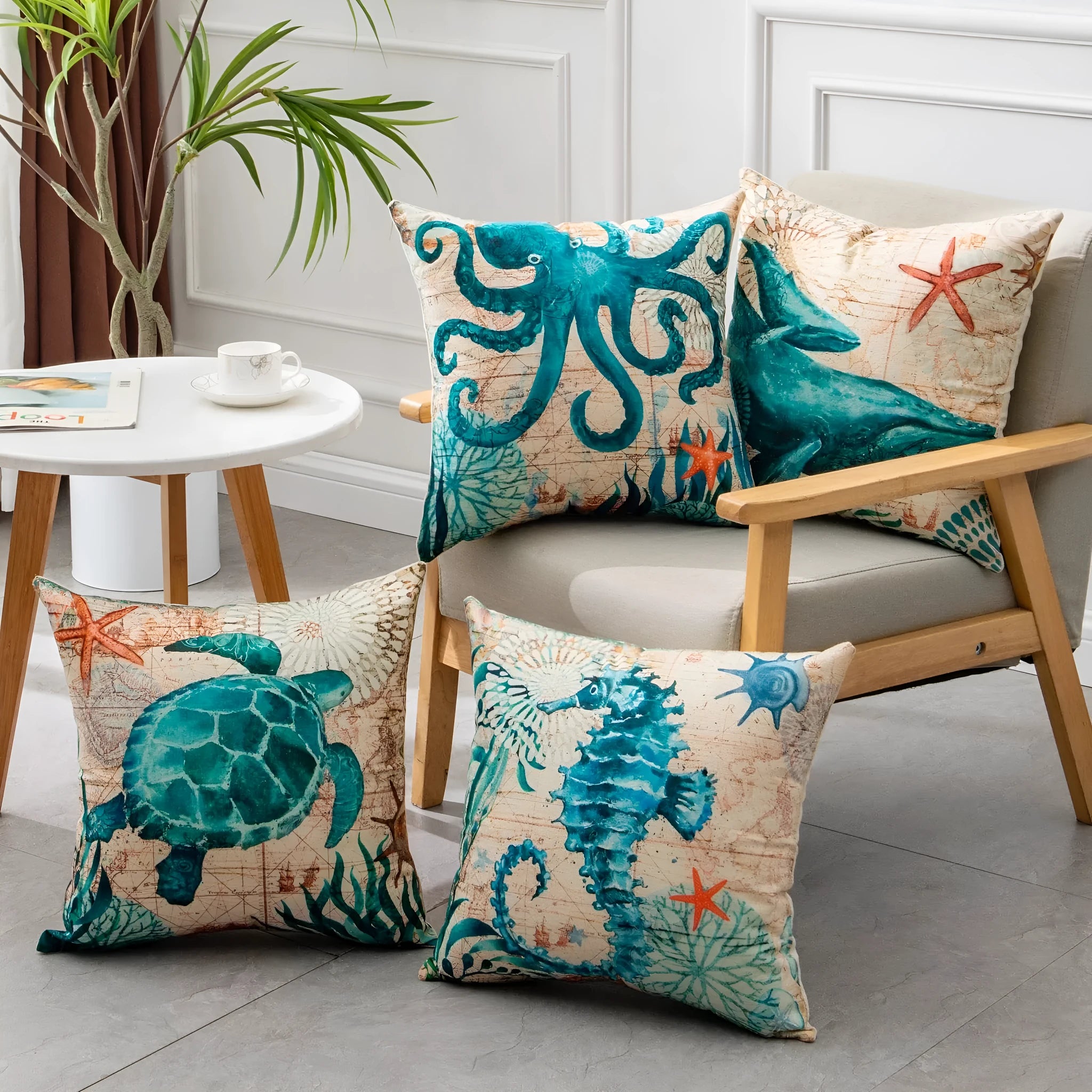 Linen cushion cover with detailed sea turtle print, measuring 45x45cm, on a sofa.