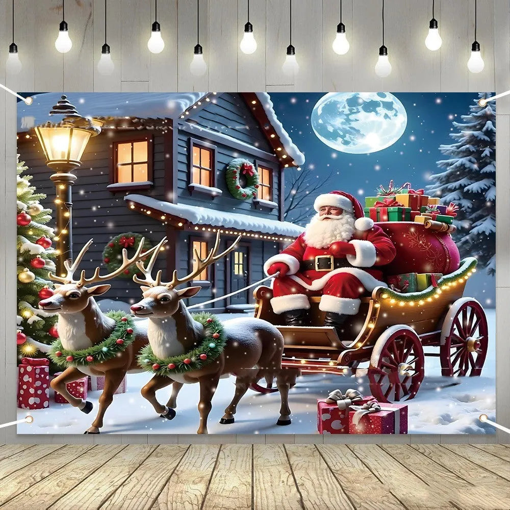 Large red Christmas banner with Santa Claus and gifts, dimensions 210cm by 150cm.