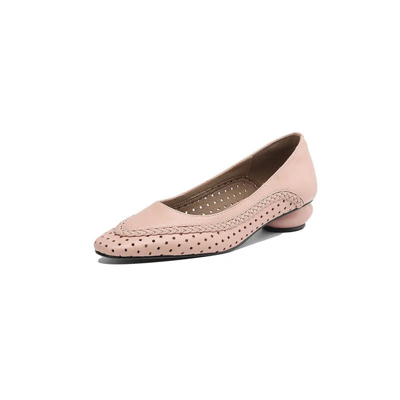 Women's sheepskin sandals with hollow-out design and round toe in light blue colour