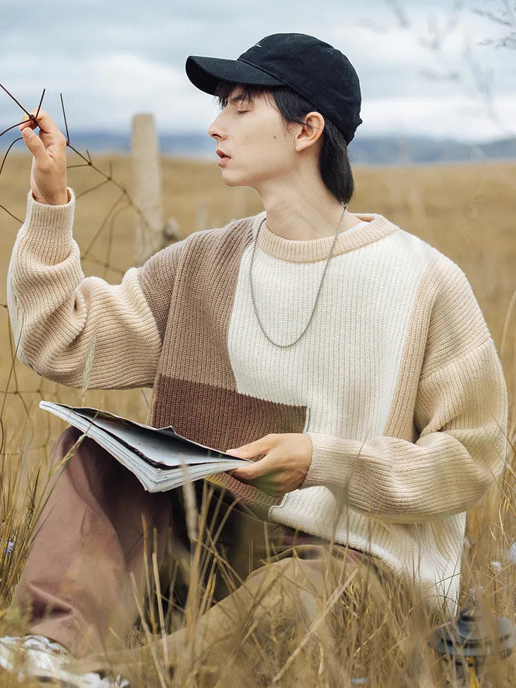 Men's colour block stitching knitwear sweater, loose long sleeve pullover in khaki or navy blue, sizes M to XXL