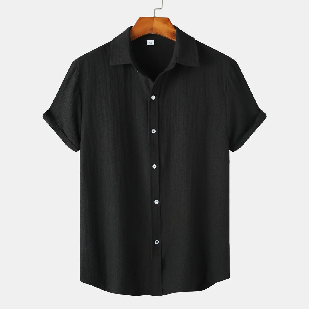 Men's casual short-sleeved polyester cardigan shirt shown in multiple colours and sizes.