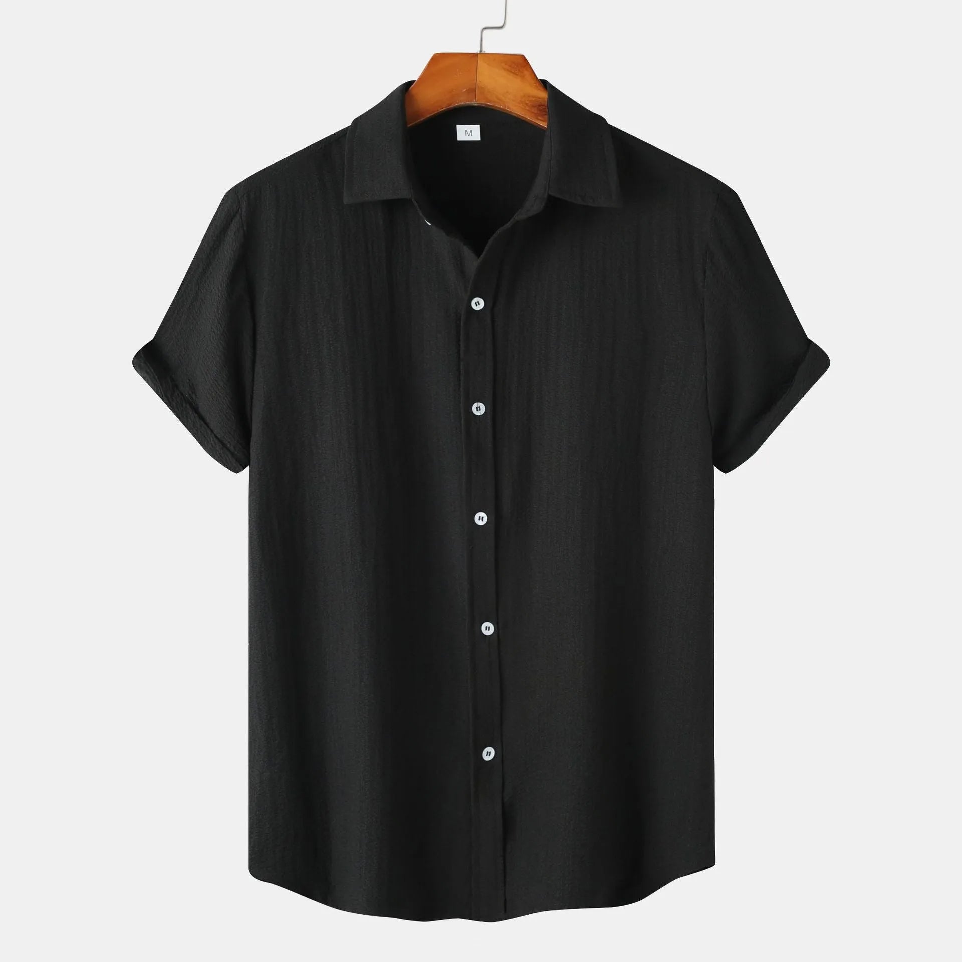 Men's casual short-sleeved polyester cardigan shirt shown in multiple colours and sizes.