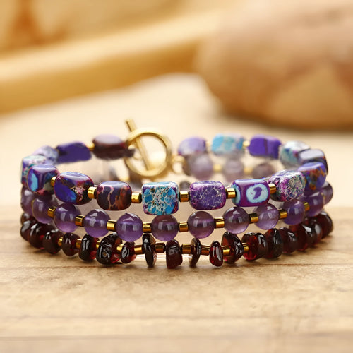 Handcrafted purple amethyst and garnet stone bracelet with geometric bead arrangement