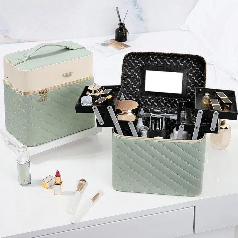 Portable hard-shell cosmetics and jewellery storage box in PU leather, square vertical shape, black colour, with handle