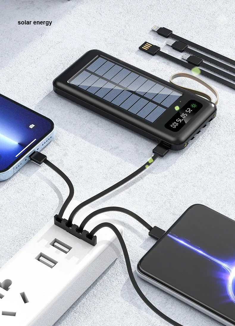 Solar Super Capacity Power Bank in black or white, showing front with solar panel and USB port, dimensions 144mm x 68mm.