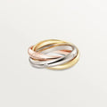 Set of three sterling silver rings with full band of diamonds, showing gold rose and silver black finishes on a geometric U-shaped profile.
