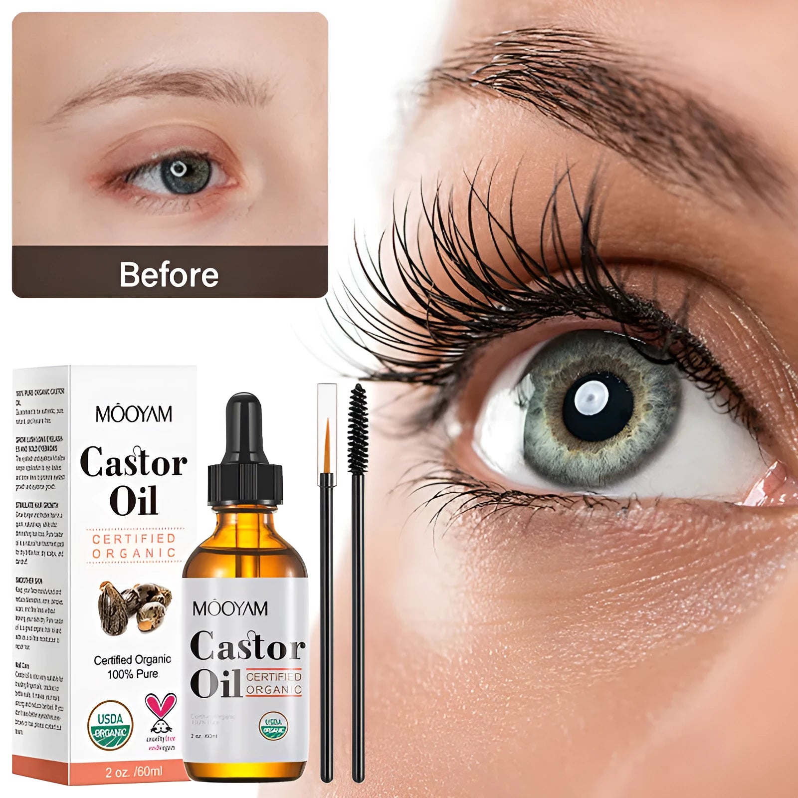 Mooyam Castor Oil 60ml bottle with label, suitable for skin care massage hair eyebrow eyelash conditioning