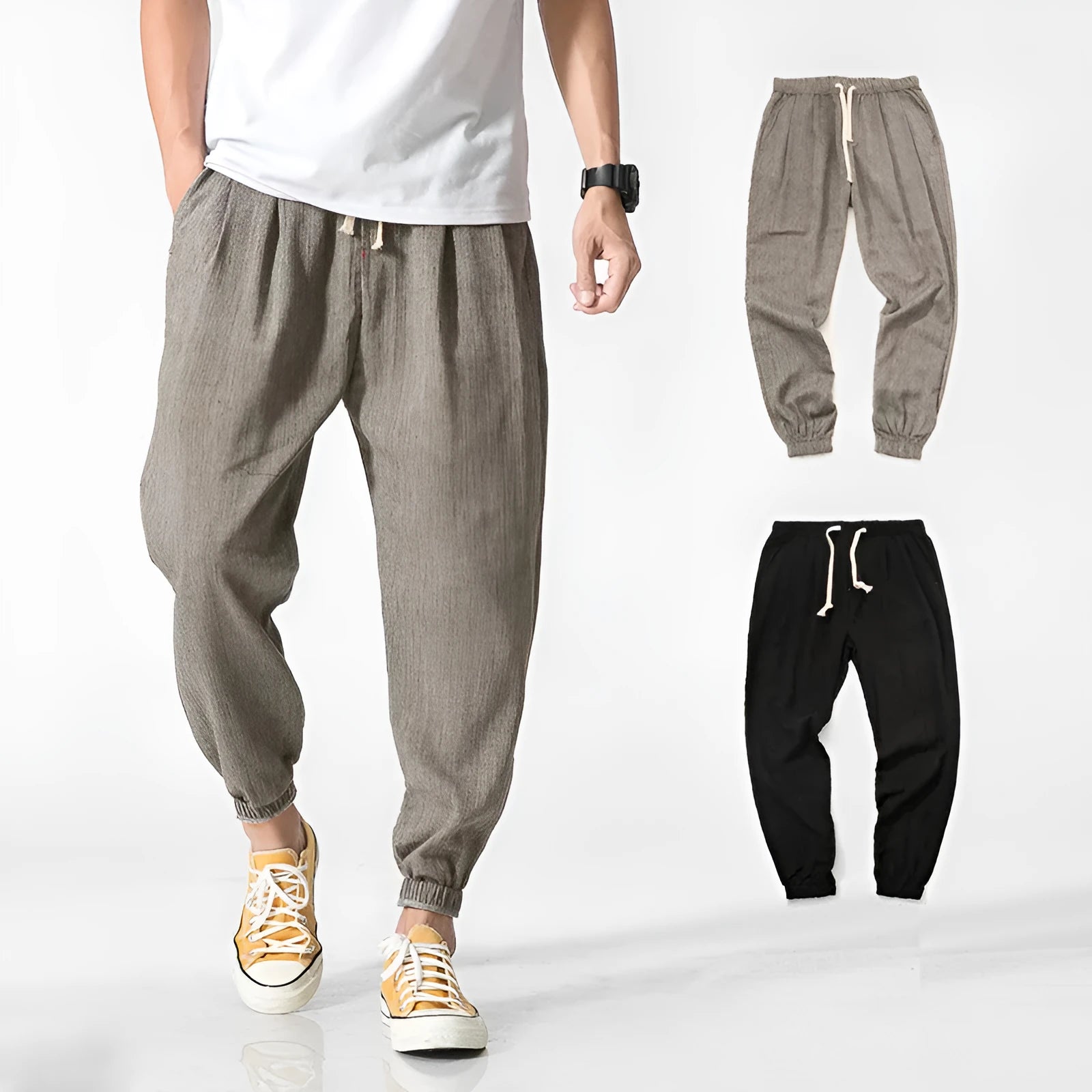 Men's cotton linen harem trousers in beige, shown with elastic waistband and tapered legs, available in multiple sizes and colours