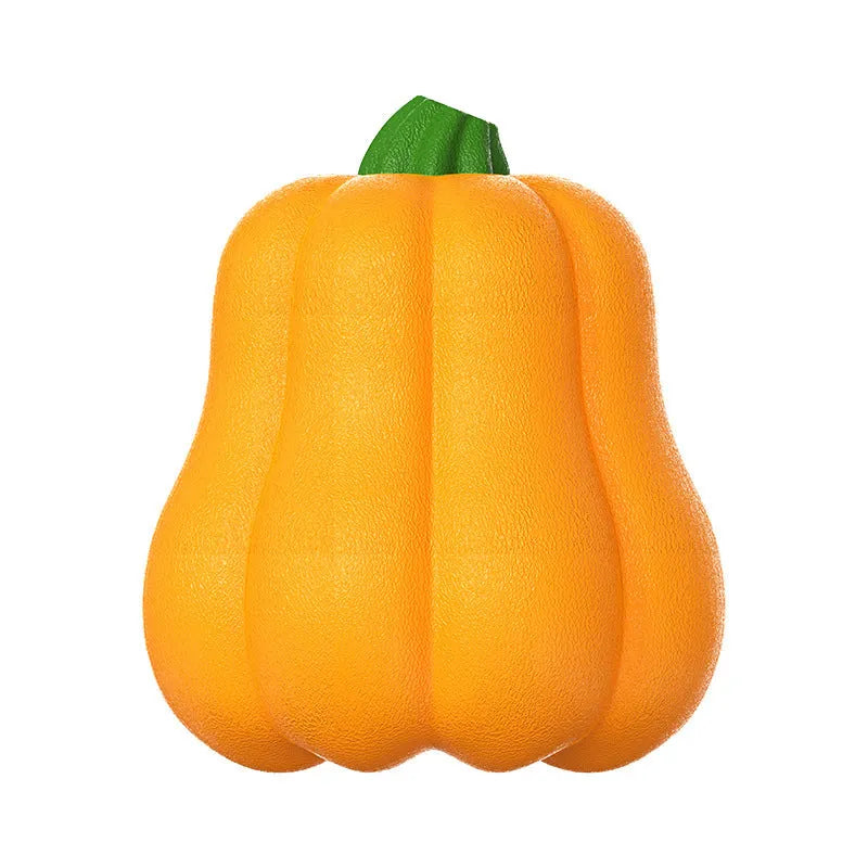 Orange pumpkin-shaped plastic dog chew toy with a blue rope attached for tug and fetch games.