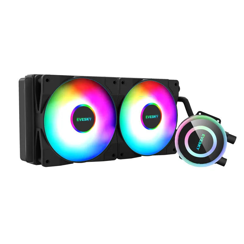 CPU liquid cooler radiator with RGB lighting on fan, showing aluminium construction.