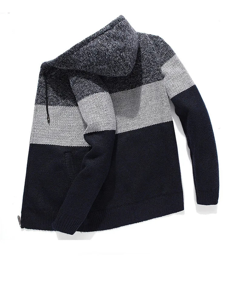 Casual men's hooded plus fleece warm sweater cardigan in colour-block design, front view, on a plain background.