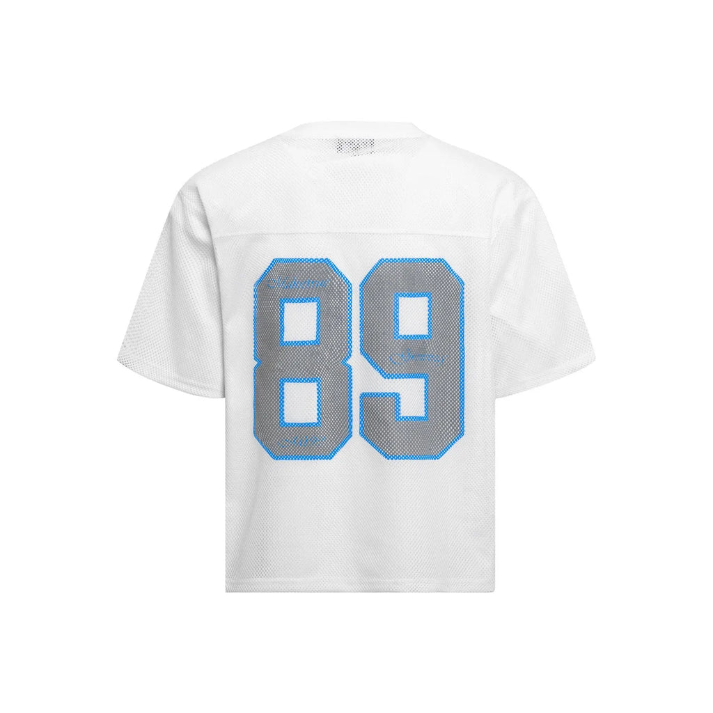 Men's black and white loose fit casual T-shirt with alphanumeric print on chest.