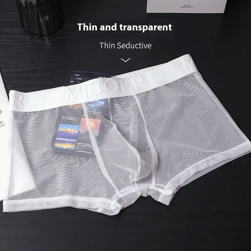 Men's thin polyester boxer shorts in six colours with quick-dry function on size chart
