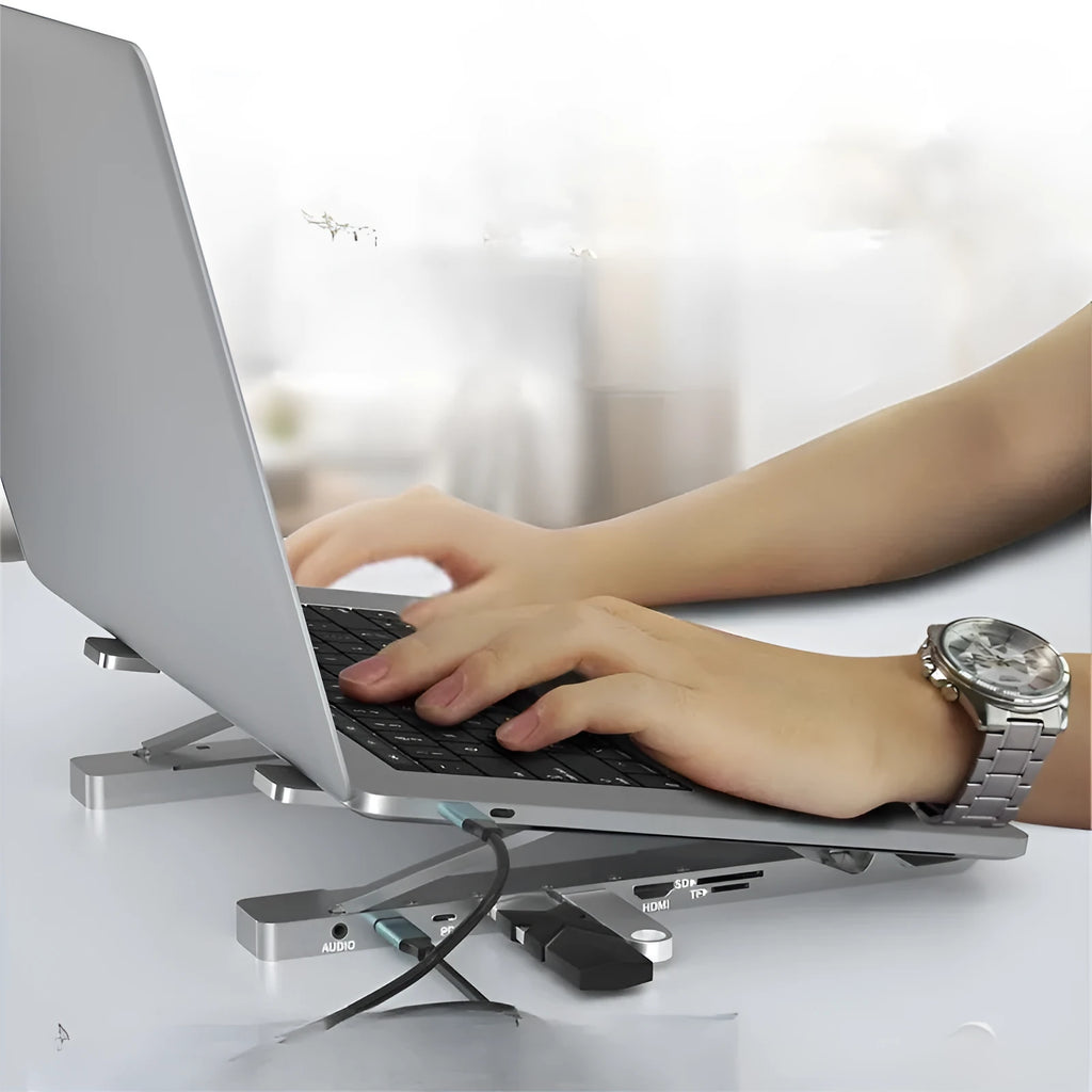 Collapsible aluminium alloy laptop cooling rack folded flat in silver color, 266mm long, with style A1 design