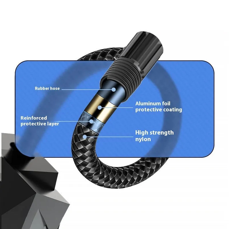 Black 12V portable digital tyre inflator with LED light and display, shown with air hose and power cable.