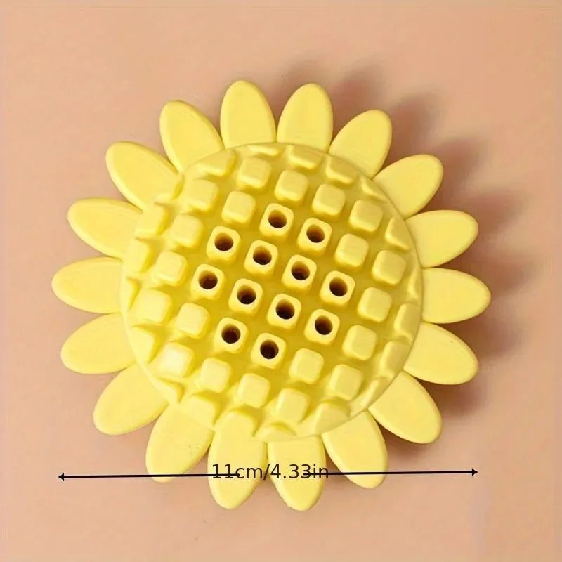 Yellow rubber sunflower-shaped dog chew toy for puppies with textured petals