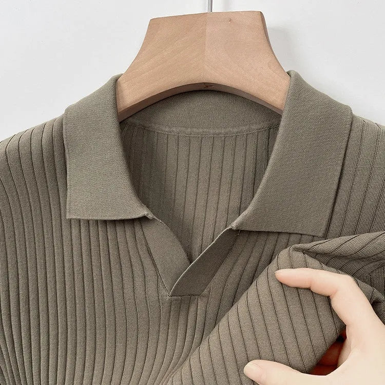 Men's striped mulberry silk T-shirt with lapel design in black colour showing short sleeves and straight cut
