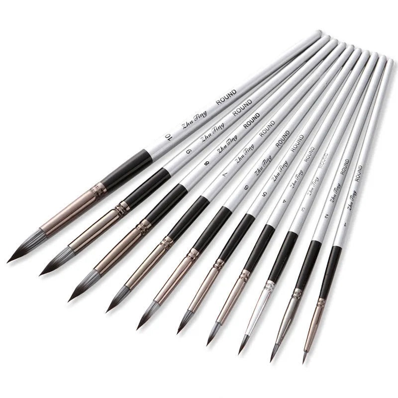 10-piece nylon hair brush set with wooden handles, silver gray rod detail, and round front tips, 20-23cm long