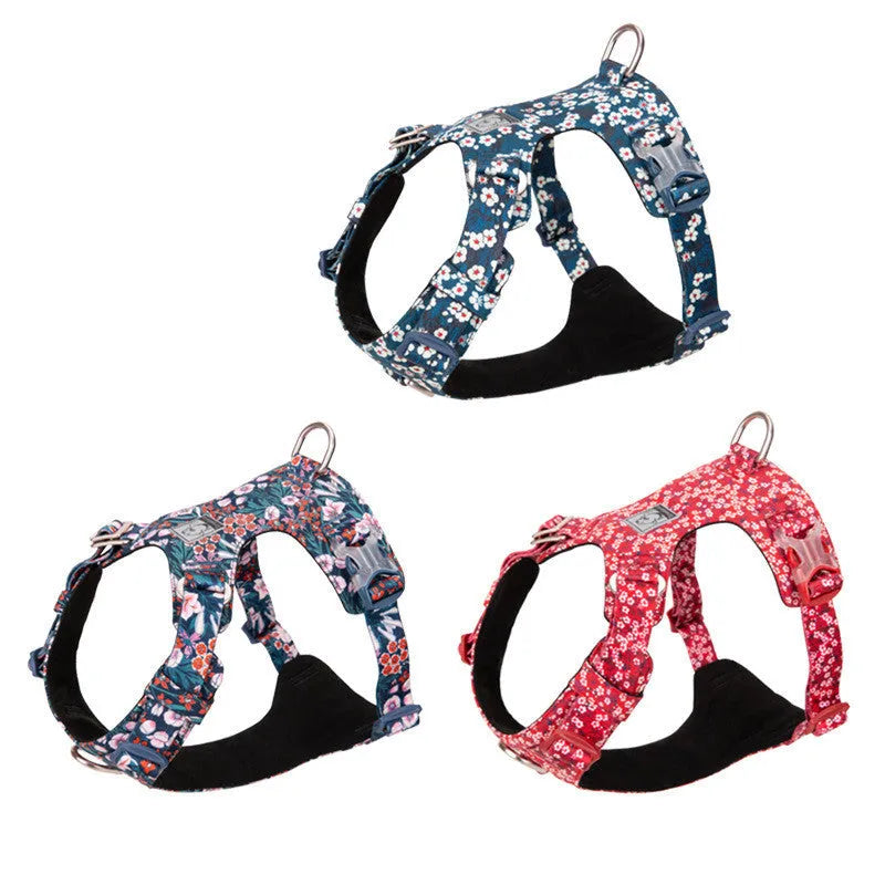 Pure cotton pet chest strap harness with floral pattern in blue, green, or red colours