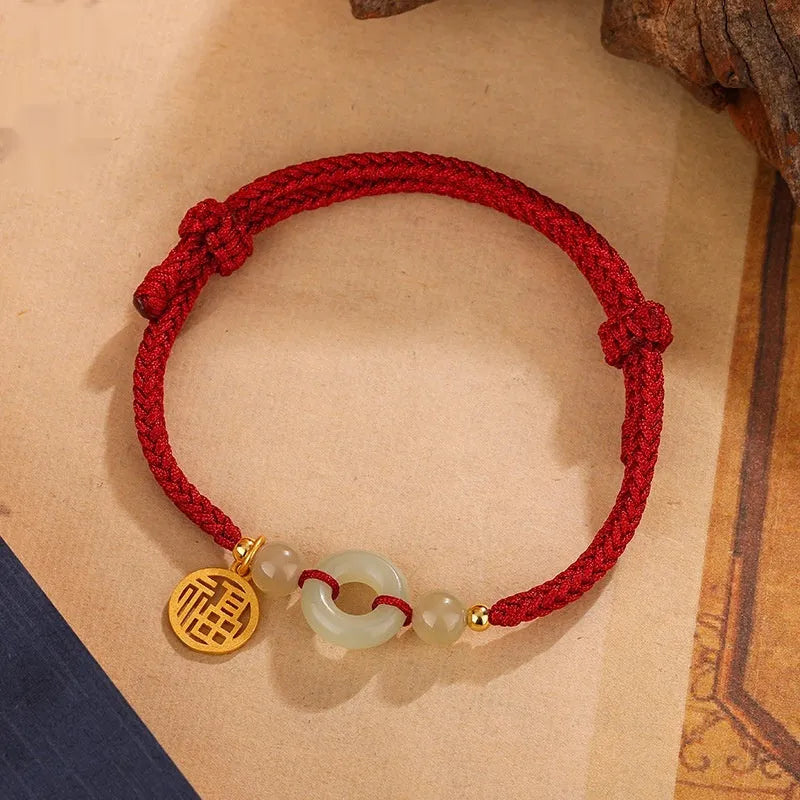 Silver geometric bracelet with Hetian jade peace buckle and black leather cord for card carrying