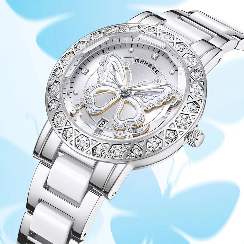 Butterfly diamond-encrusted women's watch with calendar and steel strap in pink dial