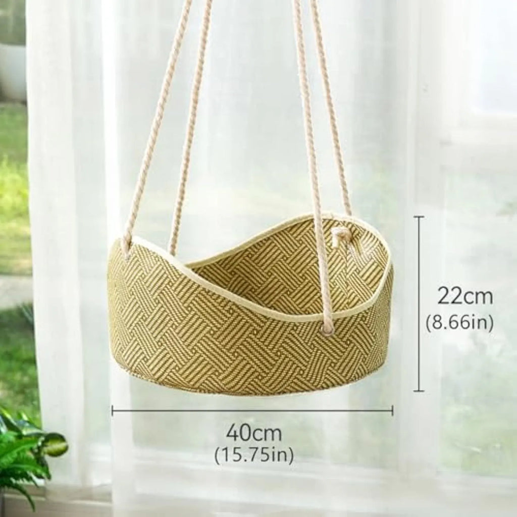 Green rattan cat hammock with cotton rope weaving and metal corner hooks