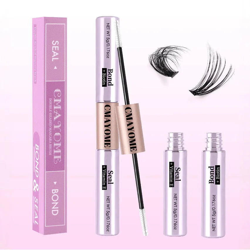 Double-headed eyelash glue in waterproof quick setting split type format with black lid and applicator tip