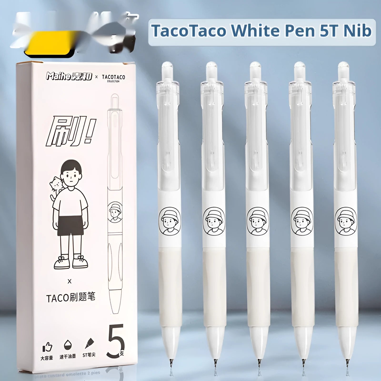 Set of five black and white ballpoint pens with 0.5mm fine tips laid side by side.