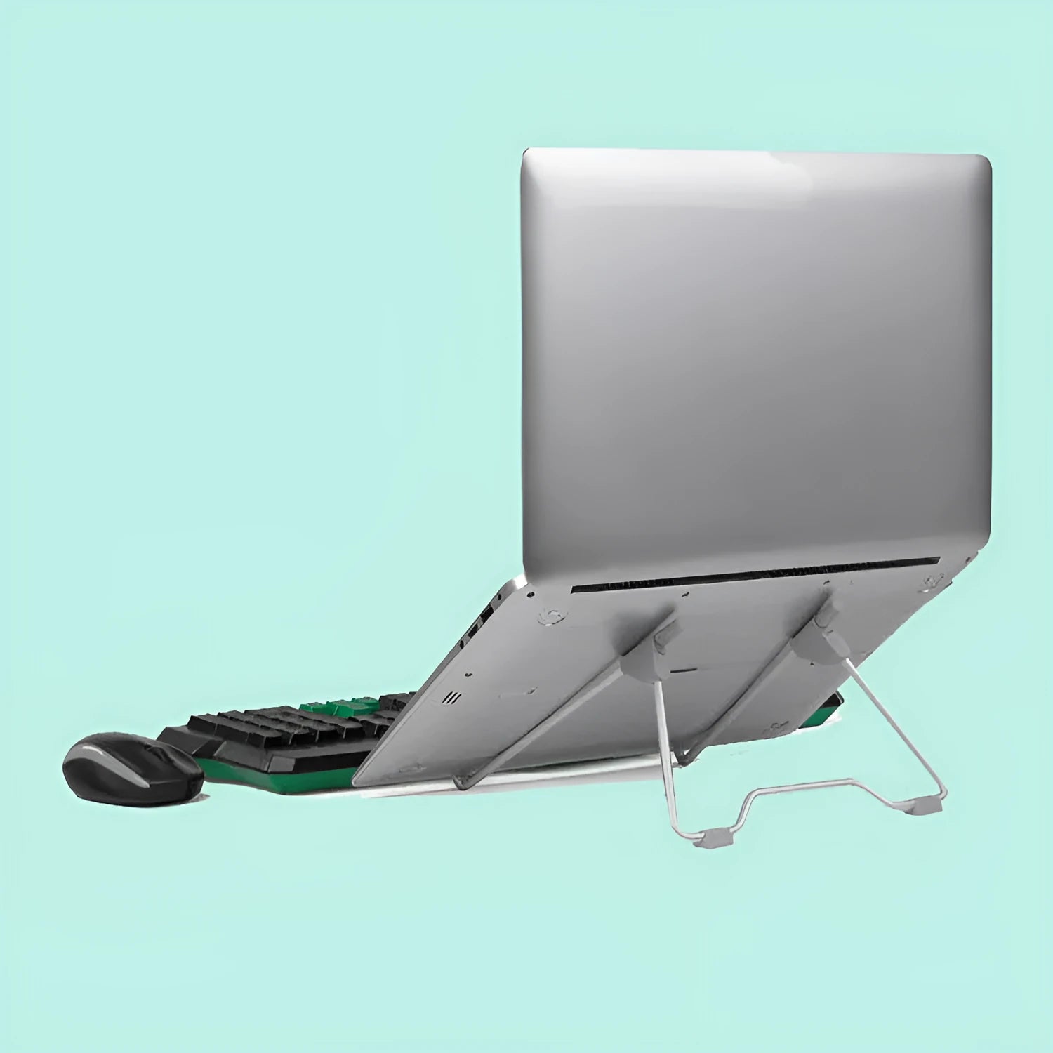Grey aluminium alloy and plastic adjustable stand holding a mobile phone and a tablet on a desk.