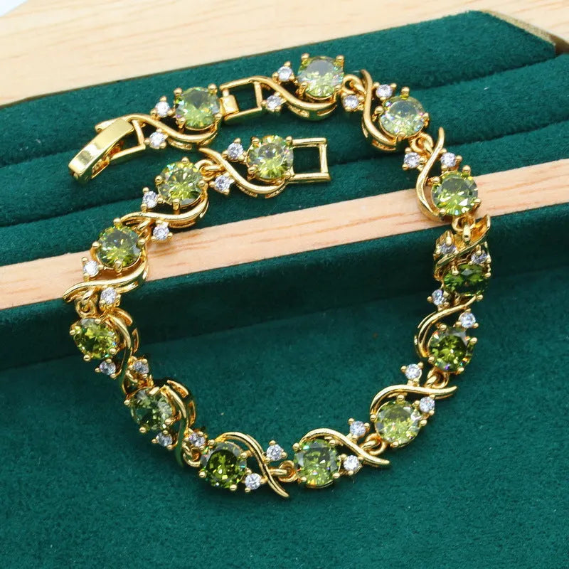 Full rhinestone zircon women's jewellery set with electroplated copper in olive green or red colours