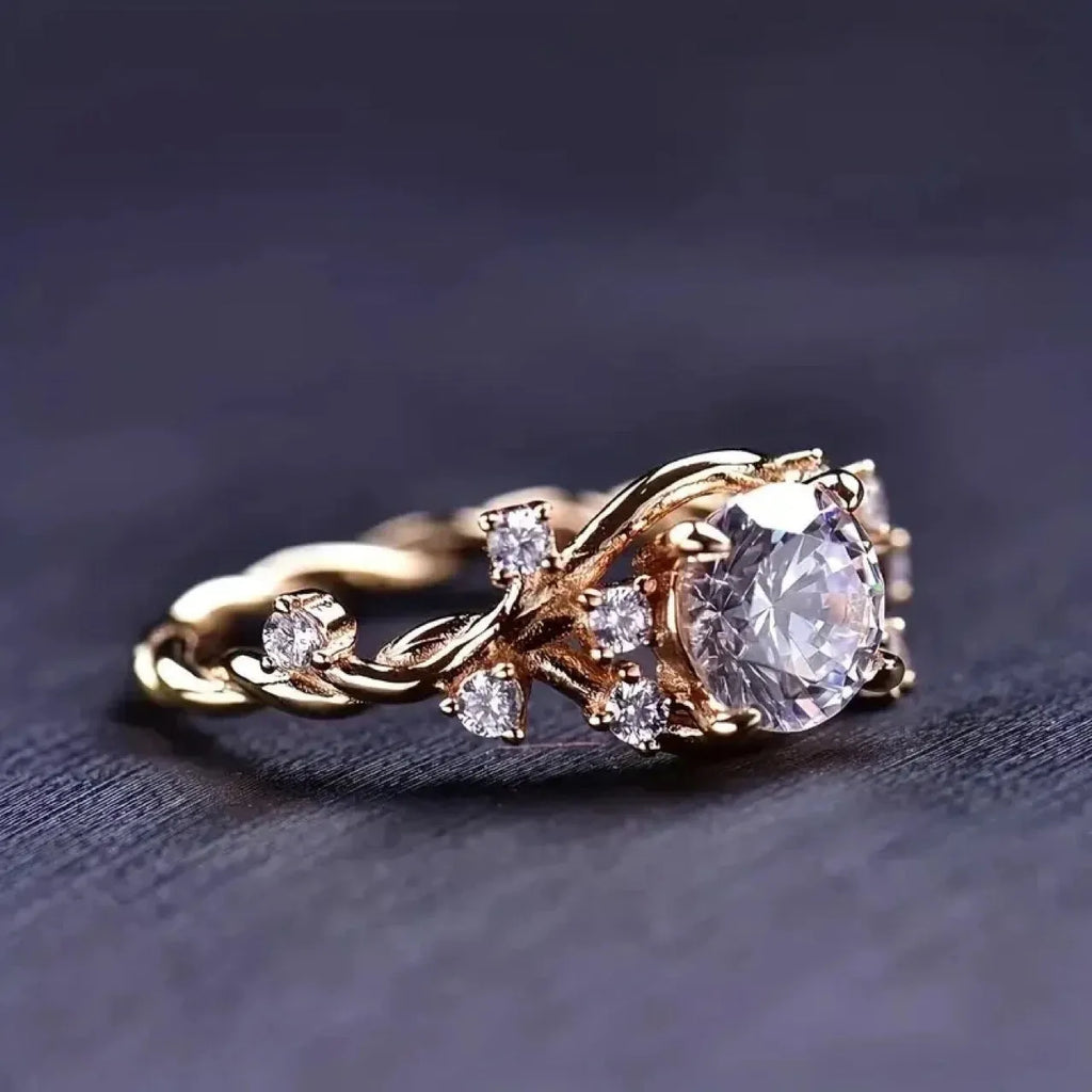 Gold geometric vine winding moissanite ring on finger showing cubic sugar diamond detail and irregular shape
