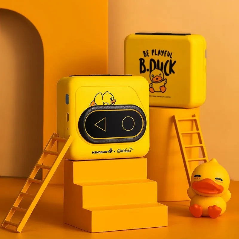 Portable Bluetooth mini printer with thermal paper in avocado green, pink, small yellow duck, and white options