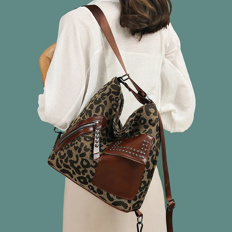 Medium houndstooth nylon backpack for women with rivet design and zipper opening in Leopard Pattern