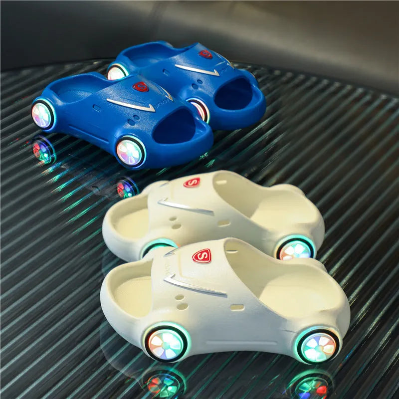 Children's luminous PVC slippers with cartoon car design and anti-slip textured soles