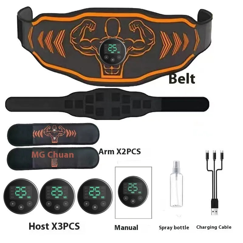Blue and orange rechargeable EMS fitness massage belts with host units and arm stickers.